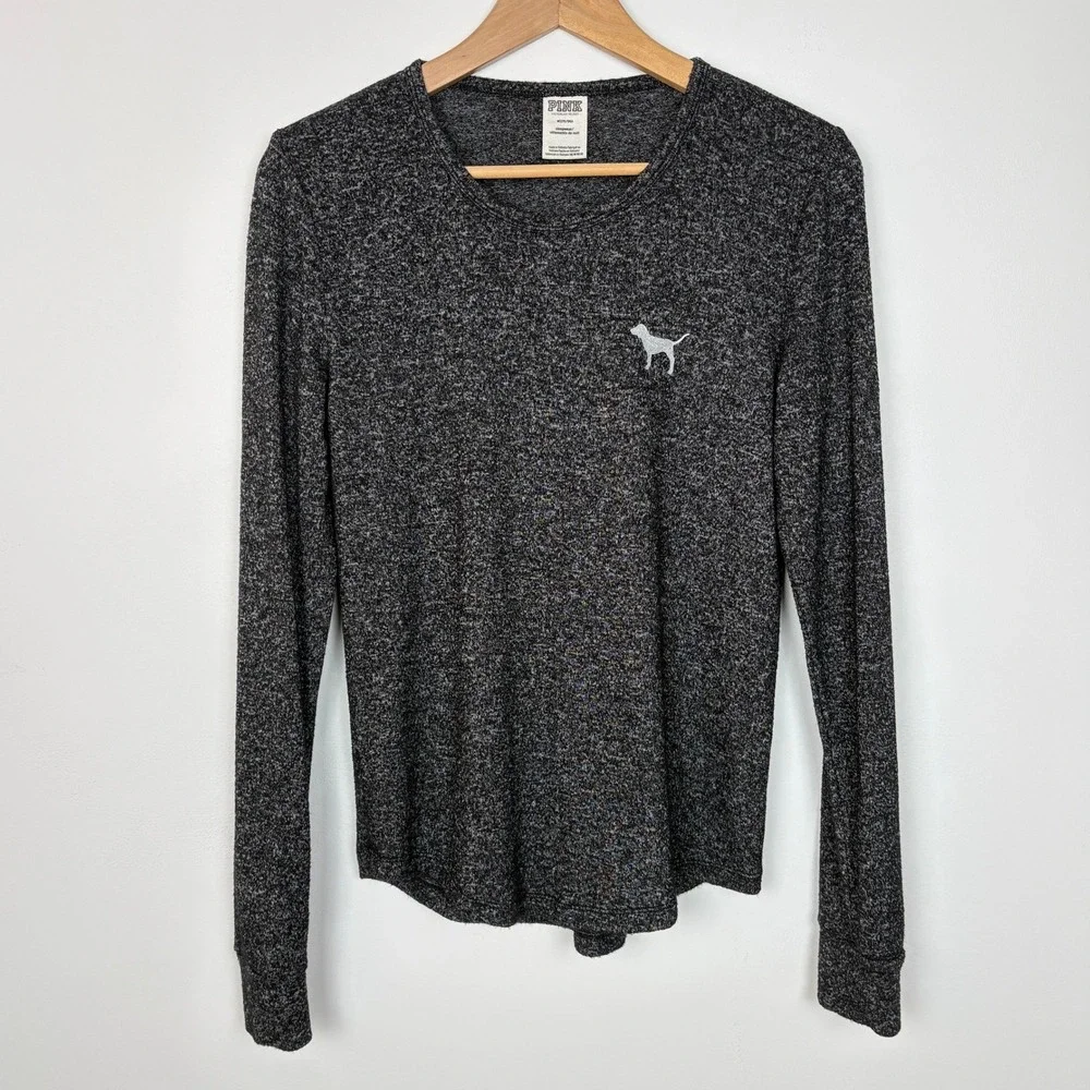 PINK Victoria's Secret‎ Womens Long Sleeve Sleepwear Top M Gray Glitter Dog Logo